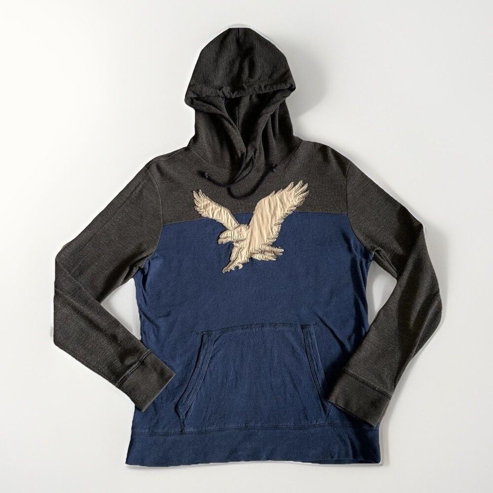 American Eagle Mens S Big Eagle Logo Thermal Long Sleeve Hoodie Henley Blue Gray
